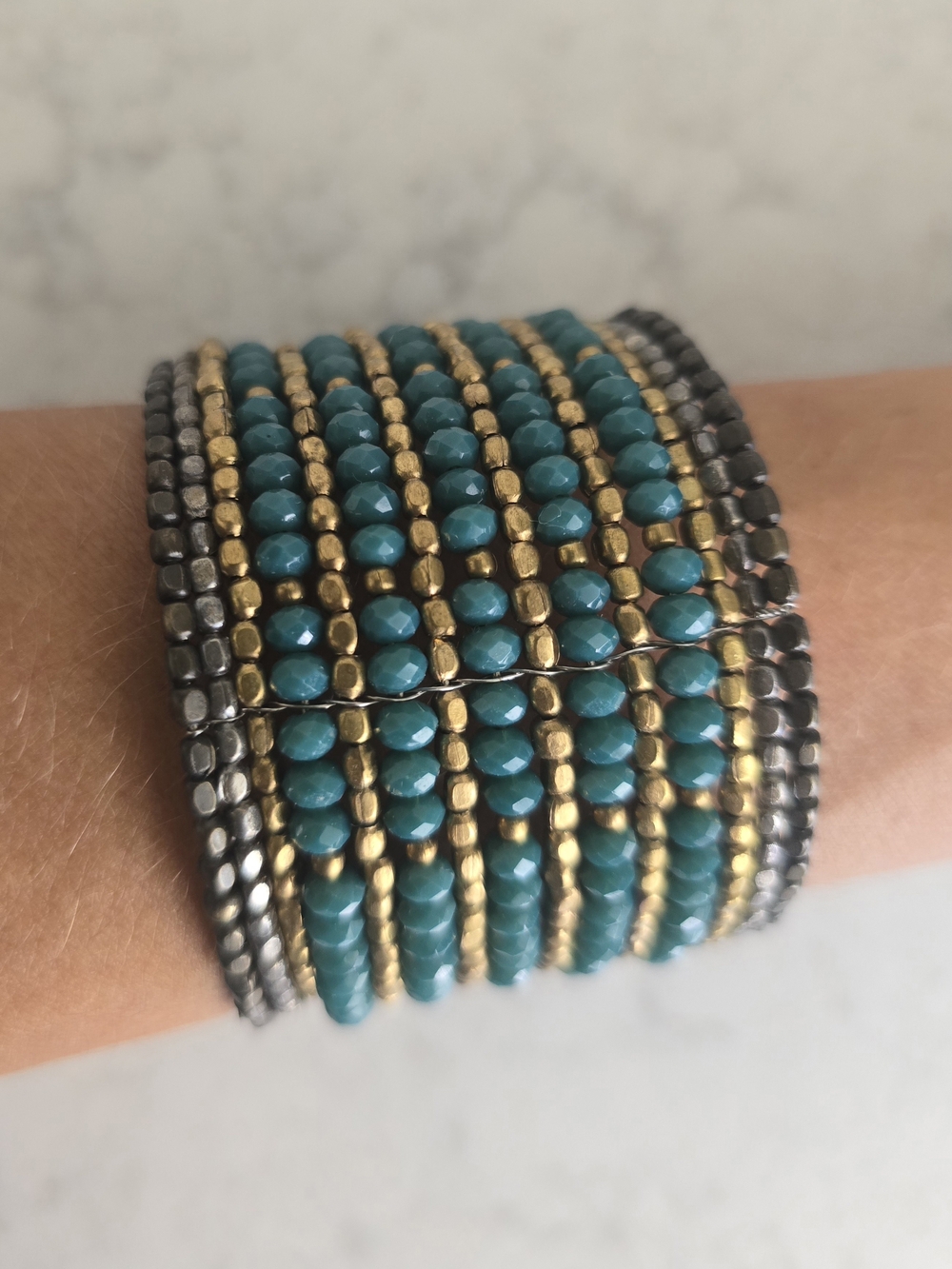Anthropologie Turquoise & Gold Beaded Cuff Bracelet